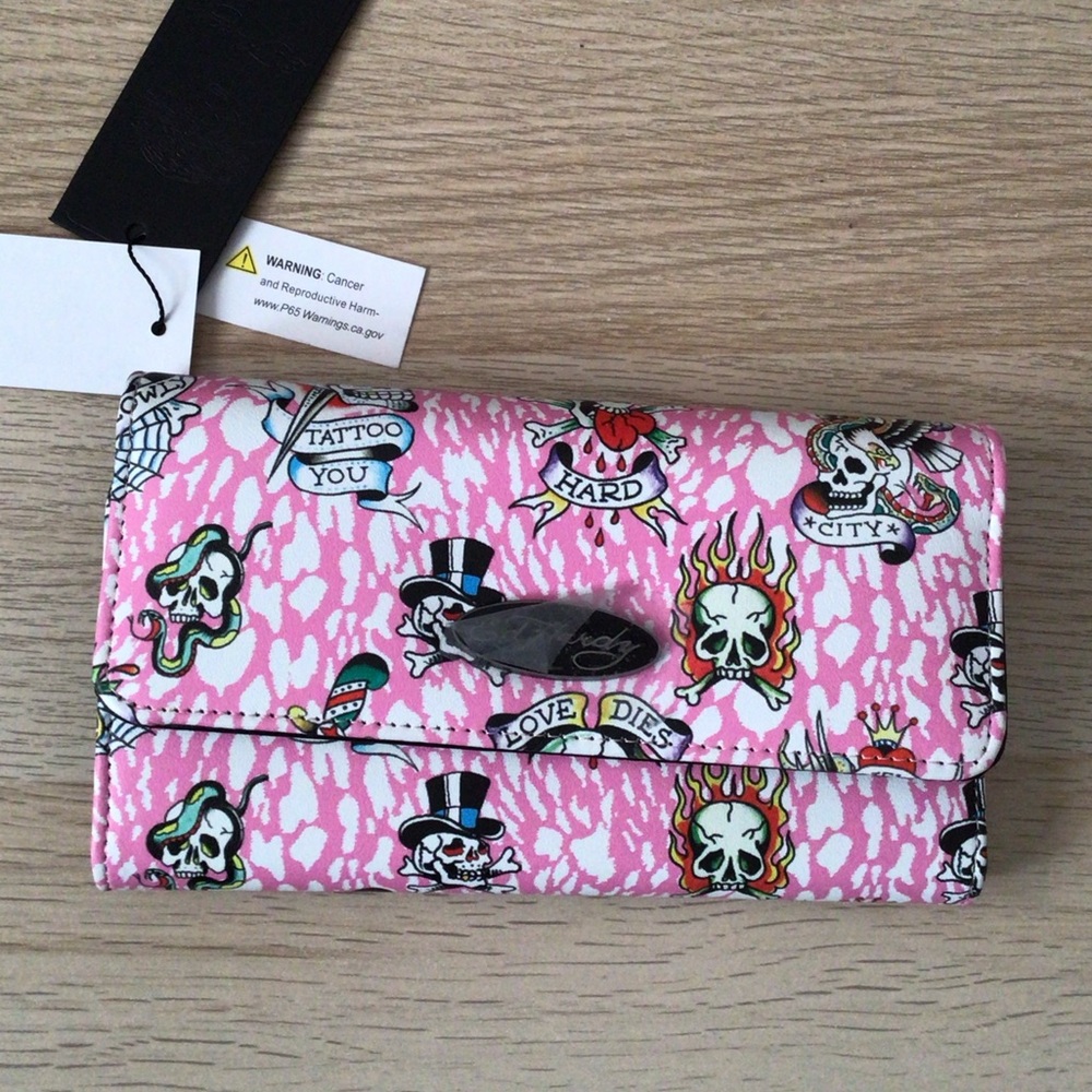 Ed Hardy Pink Tattoo Print Flap Wallet